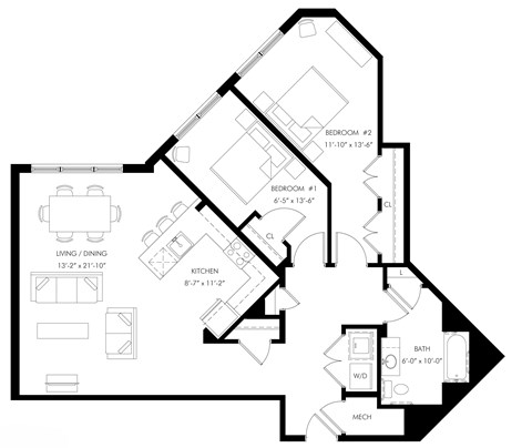 Floor plan for 2 beds, 1 bath, 1160 sqft